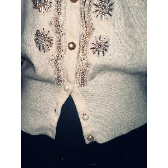 VINTAGE 50'S 60'S BONNIE BRIAR 100% CASHMERE BEADED PEARLS CARDIGAN SWEATER - Picture 8 of 11